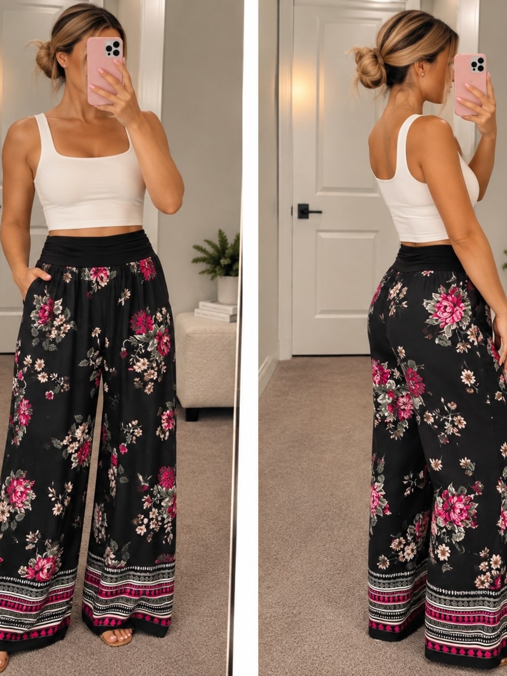 APT. 9 Black Floral Wide Leg Palazzo Pants – Women's XL